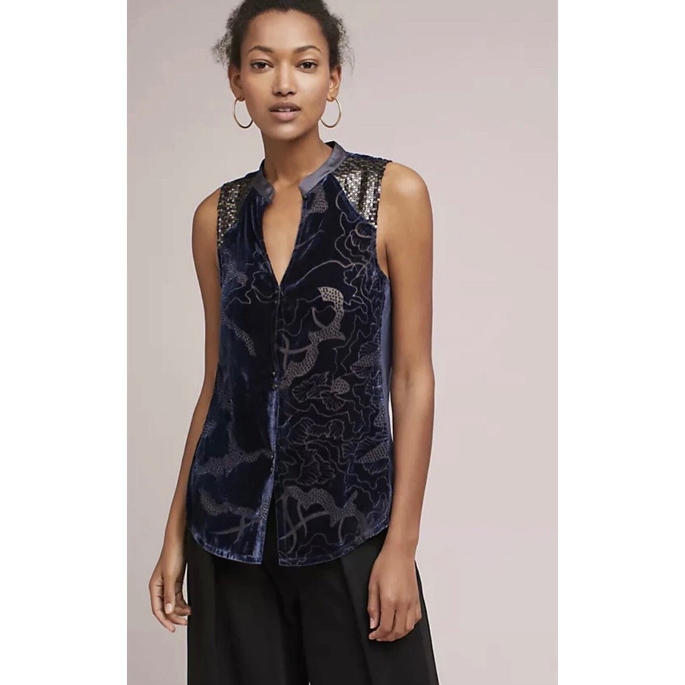 Anthropologie Tiny Velvet Burnout Navy Button Down Mixed Media Sleeveless Top S